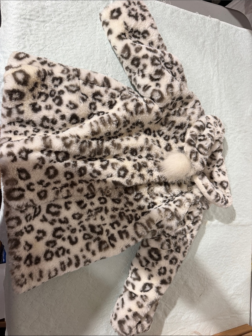 Sara's Prints Cream and Brown Leopard Faux-Fur Hooded Cape with Pom Ties
